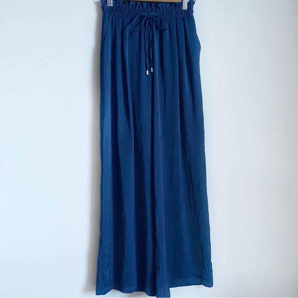 Koton Dark Blue Wide Leg Silky-Feel Pants with Adjustable Tie Waist | US2 EU34